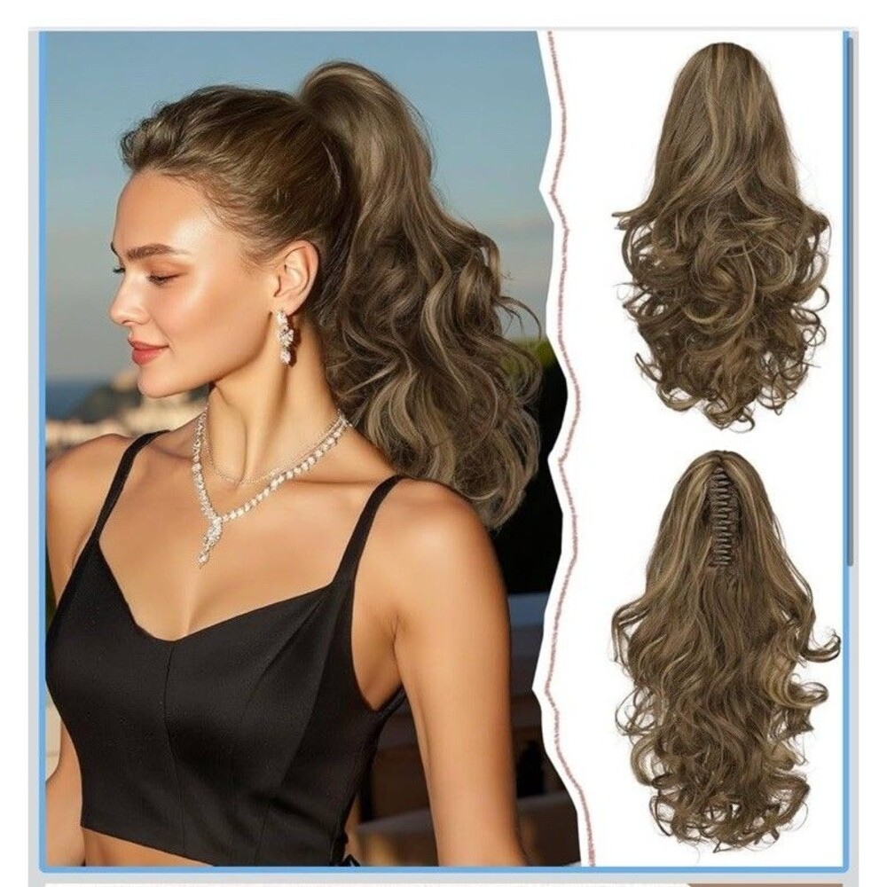 14” Ponytail Extension Long Curly Ponytail Clip Claw Hair Honey Blonde Lt Brown